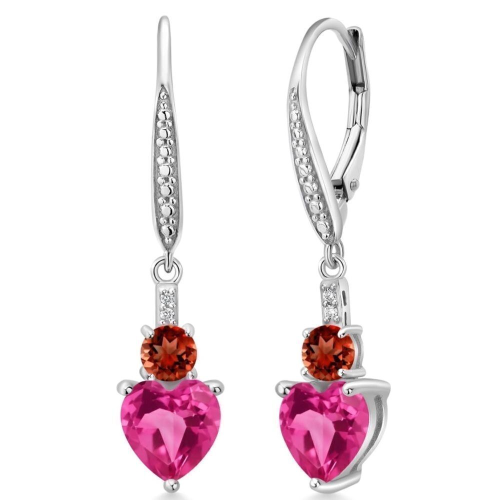 925 Sterling Silver with 3.57 Cttw Pink Sapphire and Garnet Heart Drop Earrings